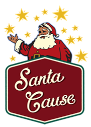 A cartoon of santa clause with stars in the background.