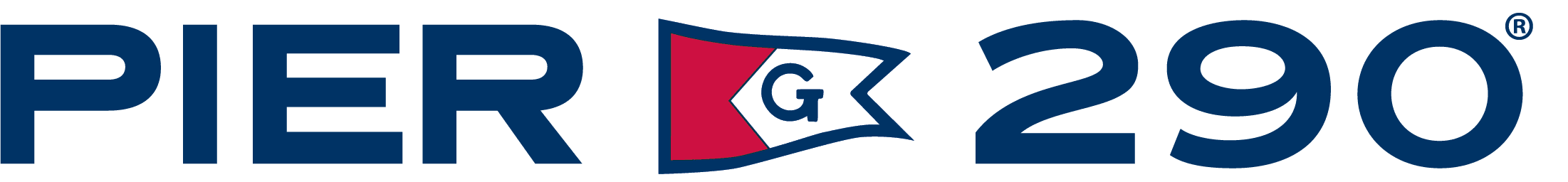 A red white and blue pennant with the letter g on it.